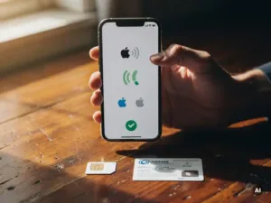 Hand holding an iPhone with Apple Pay active, hovering over a SIM card and airtime voucher on a warm wooden surface.