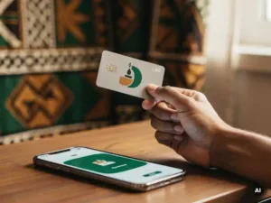 Hand holding a debit card near a smartphone showing an airtime top-up confirmation, warm African textile patterns softly blurred in the background.
