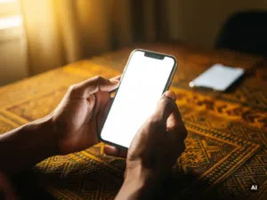 Hands holding a glowing smartphone mid-transfer gesture over a warm African textile, with a second phone softly blurred in golden background light.