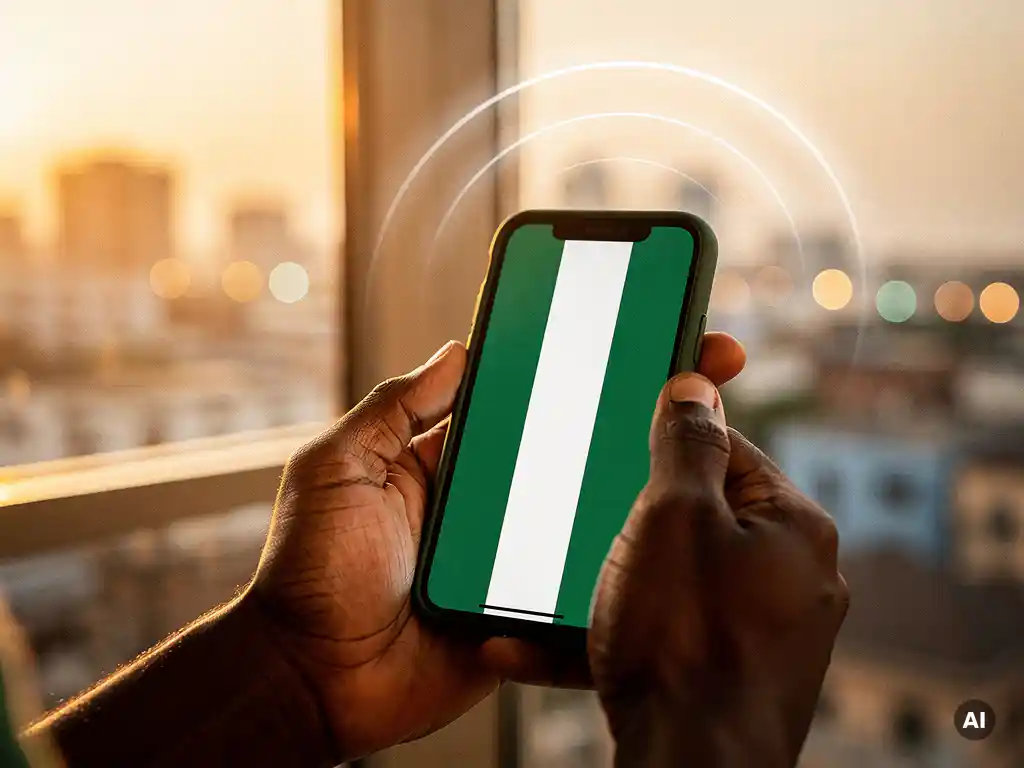 Hands holding a smartphone with a glowing signal arc against a golden-hour Lagos skyline, evoking Nigerian airtime credit transfer.