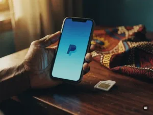 Weathered hand holding a smartphone displaying PayPal's blue interface, with a prepaid SIM card and African textile on the desk nearby.