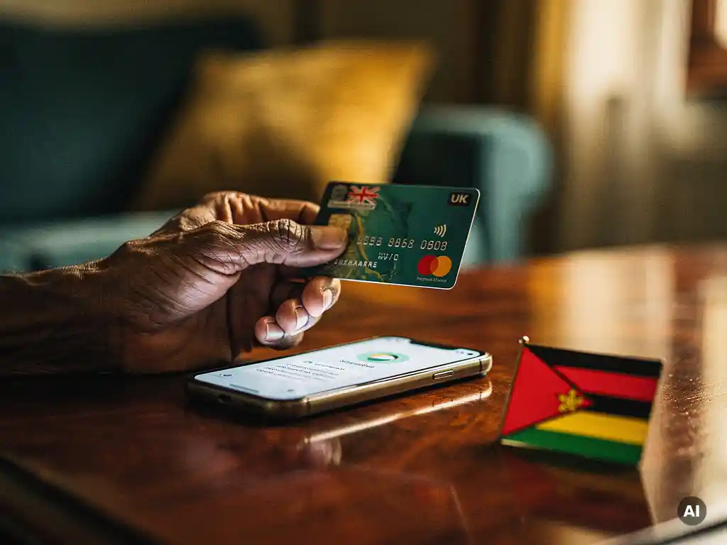 Weathered hand holding a UK debit card near a smartphone displaying a Zimbabwean contact, with a small Zimbabwe flag pin on a wooden table.