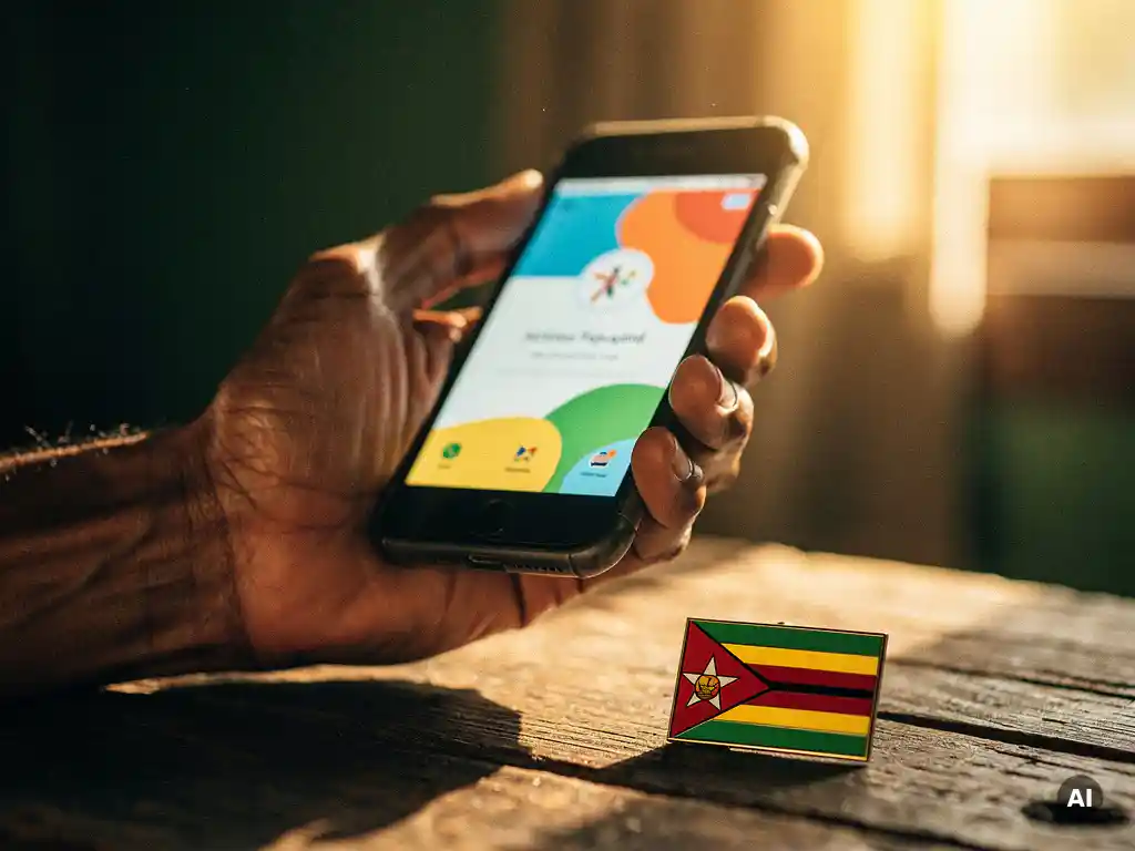 Weathered hand holding a smartphone with airtime top-up confirmation, Zimbabwean flag pin on wooden surface, warm golden window light.