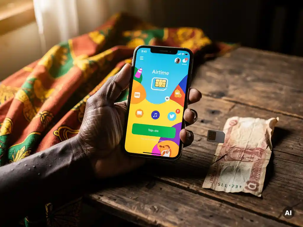 Weathered hand holding a smartphone showing a Zimbabwean airtime top-up confirmation, with a SIM card and banknote beside it on a wooden table.