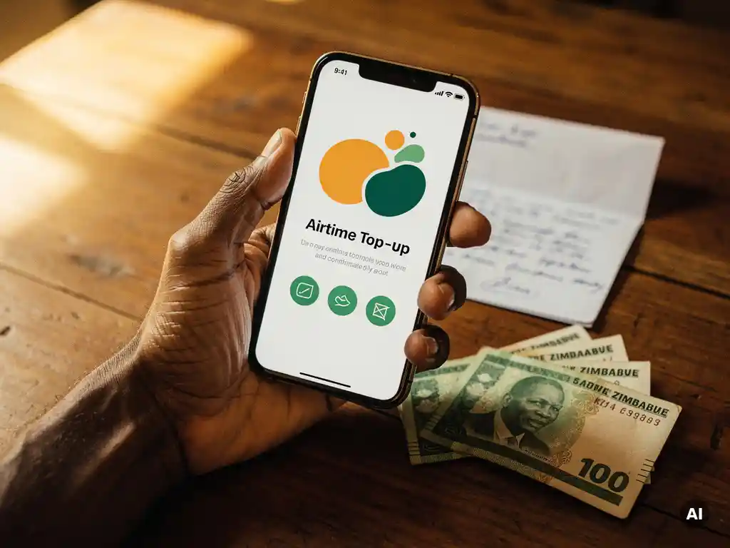 Weathered hand holding a smartphone with airtime top-up confirmation, beside Zimbabwean currency and a handwritten letter on a warm wooden surface.