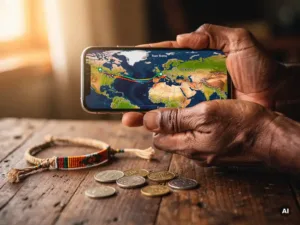 Weathered hands holding a smartphone displaying a Europe-to-Zimbabwe map route, with Zimbabwean coins and a woven bracelet on a wooden table.